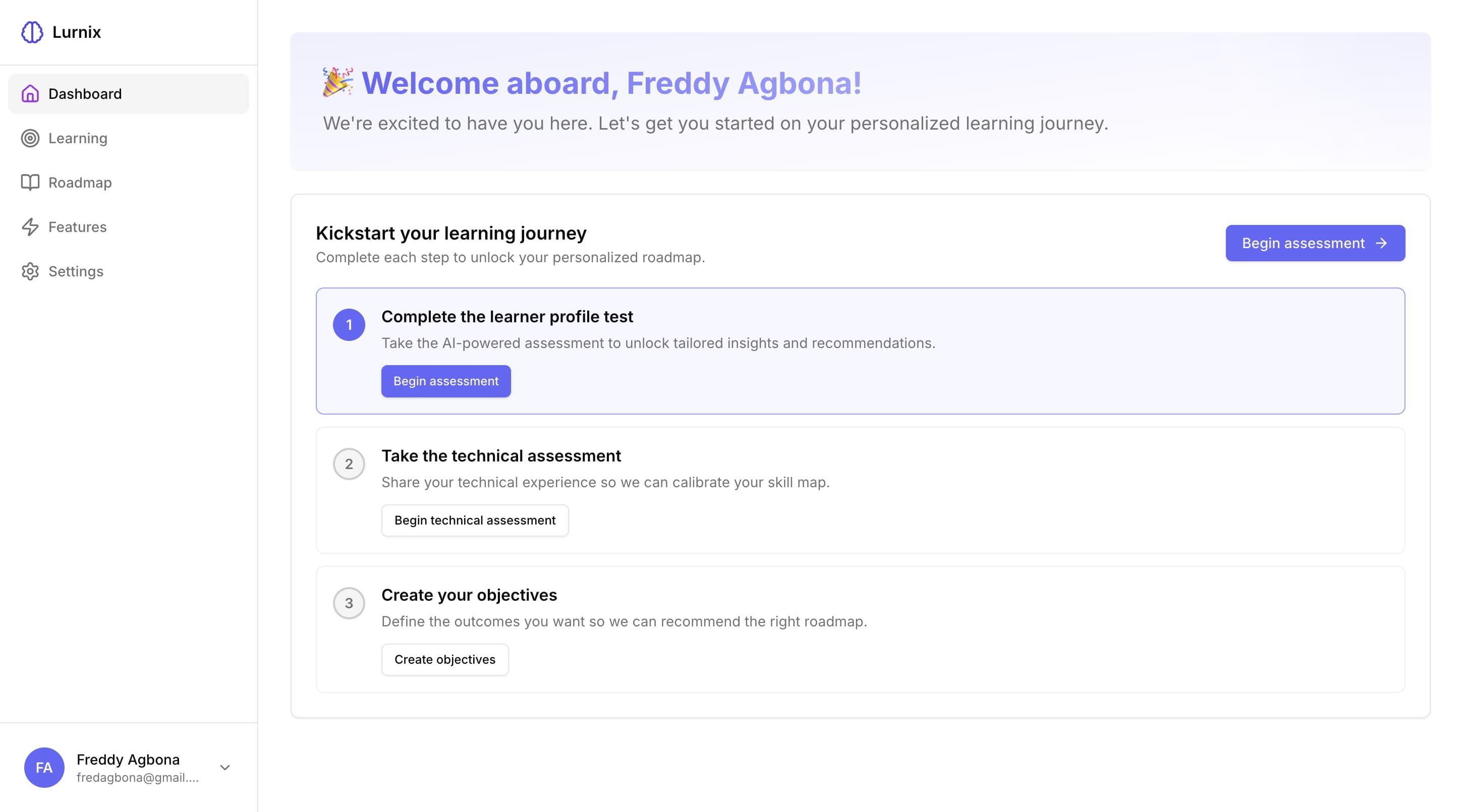 Preview of the Lurnix dashboard